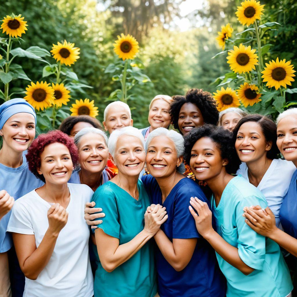 A serene and hopeful scene showing a diverse group of cancer patients in a bright, supportive atmosphere. Include a compassionate healthcare professional offering guidance, surrounded by serene nature and symbols of strength, like sunflowers or butterflies. Capture emotions of resilience and community, with hands holding each other as a sign of support. Soft, warm colors to evoke positivity and healing. vibrant colors. super-realistic.