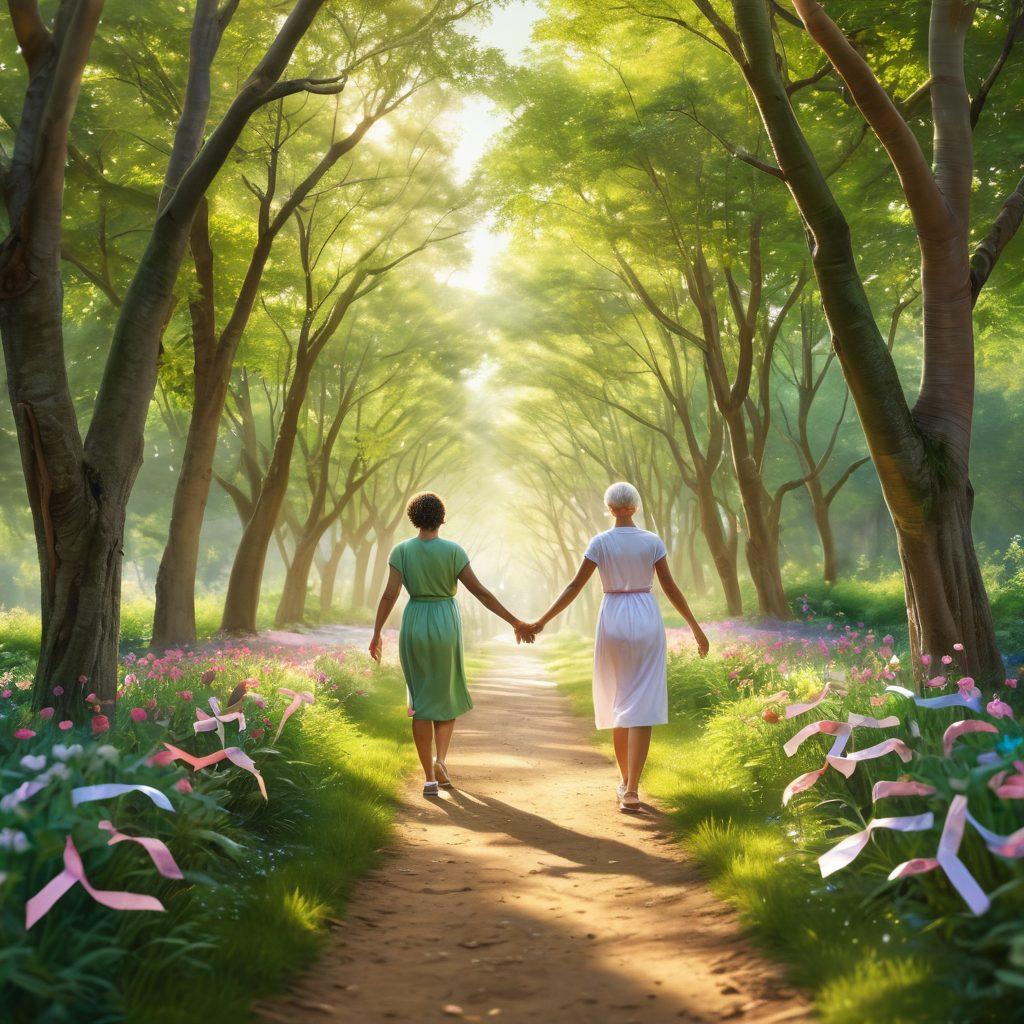 A symbolic journey through a lush green path representing hope, with diverse individuals holding hands and displaying support, interspersed with illustrations of cancer awareness ribbons and prevention symbols. Soft sunlight filtering through trees creates a warm, inviting atmosphere, emphasizing unity in the fight against cancer. The vibrant colors evoke positivity and resilience. super-realistic. vibrant colors. peaceful landscape.