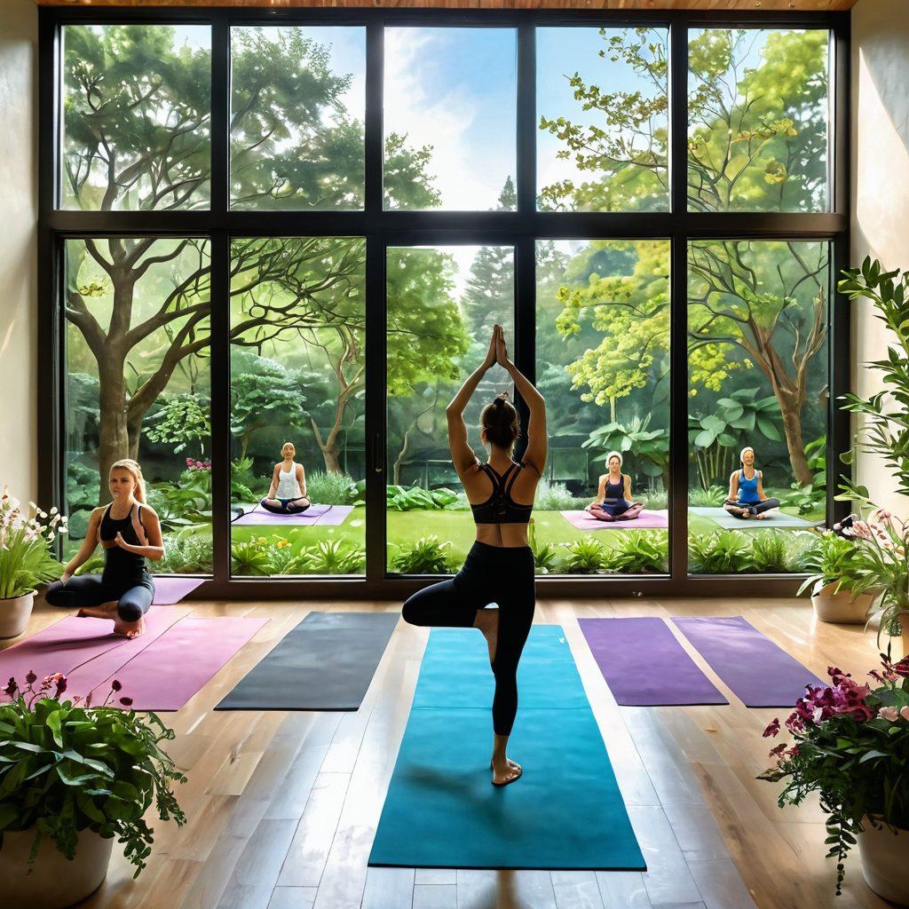 A serene landscape featuring diverse individuals practicing yoga and meditation outdoors, surrounded by lush greenery and blooming flowers symbolizing wellness and harmony. In the background, a modern healing center with large windows reflects a blend of nature and architecture, while soft sunlight bathes the scene, promoting a sense of hope and tranquility. super-realistic. vibrant colors. natural setting.